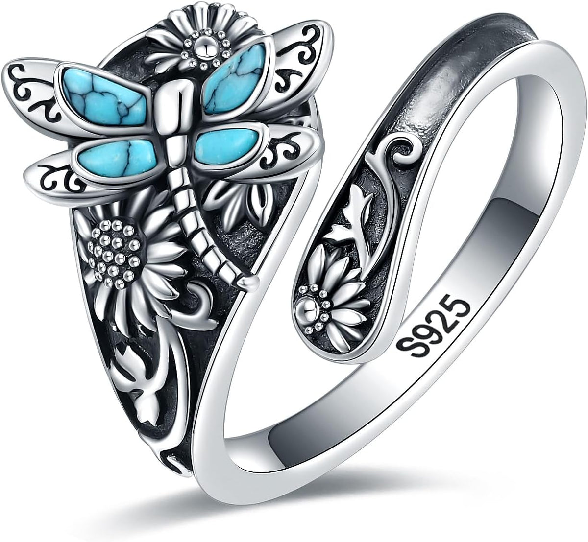 Women's Abalone and Turquoise Spoon Ring - Vintage Boho Wrap Band with Dragonfly and Sunflower Motifs for Everyday Wear 
