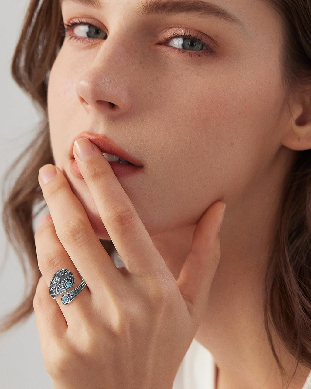 Women's Abalone and Turquoise Spoon Ring - Vintage Boho Wrap Band with Dragonfly and Sunflower Motifs for Everyday Wear 