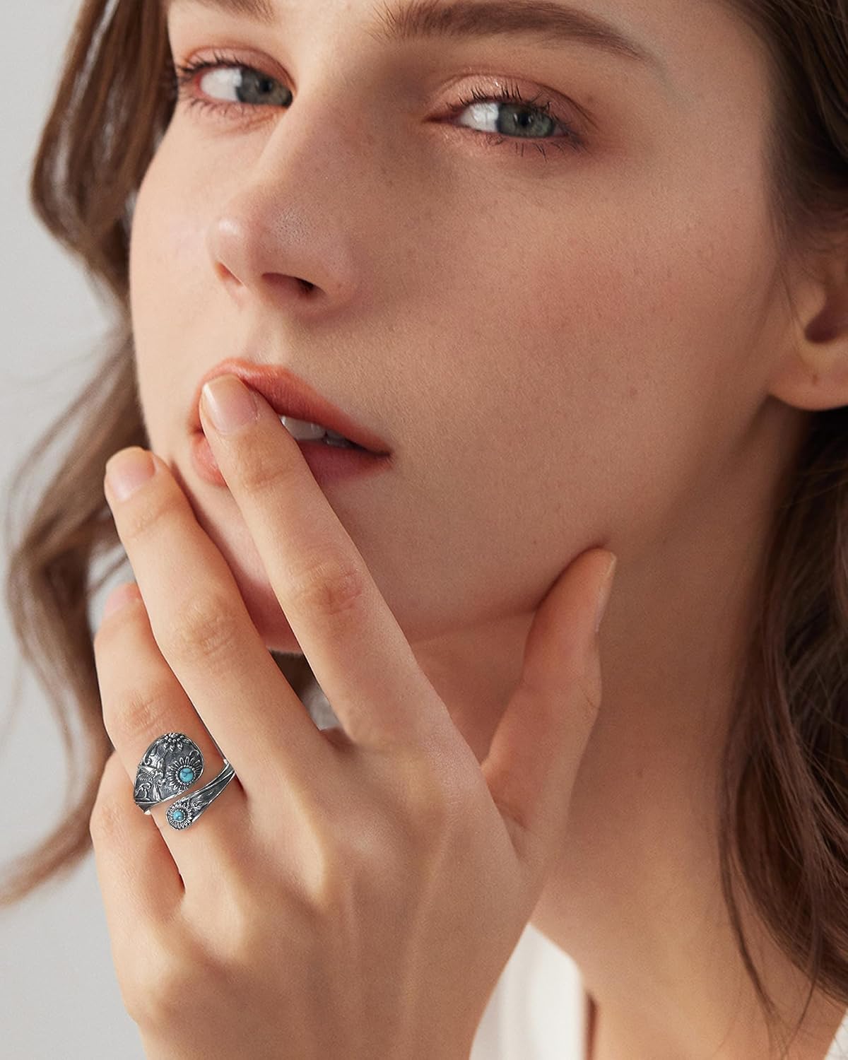 Women's Abalone and Turquoise Spoon Ring - Vintage Boho Wrap Band with Dragonfly and Sunflower Motifs for Everyday Wear 