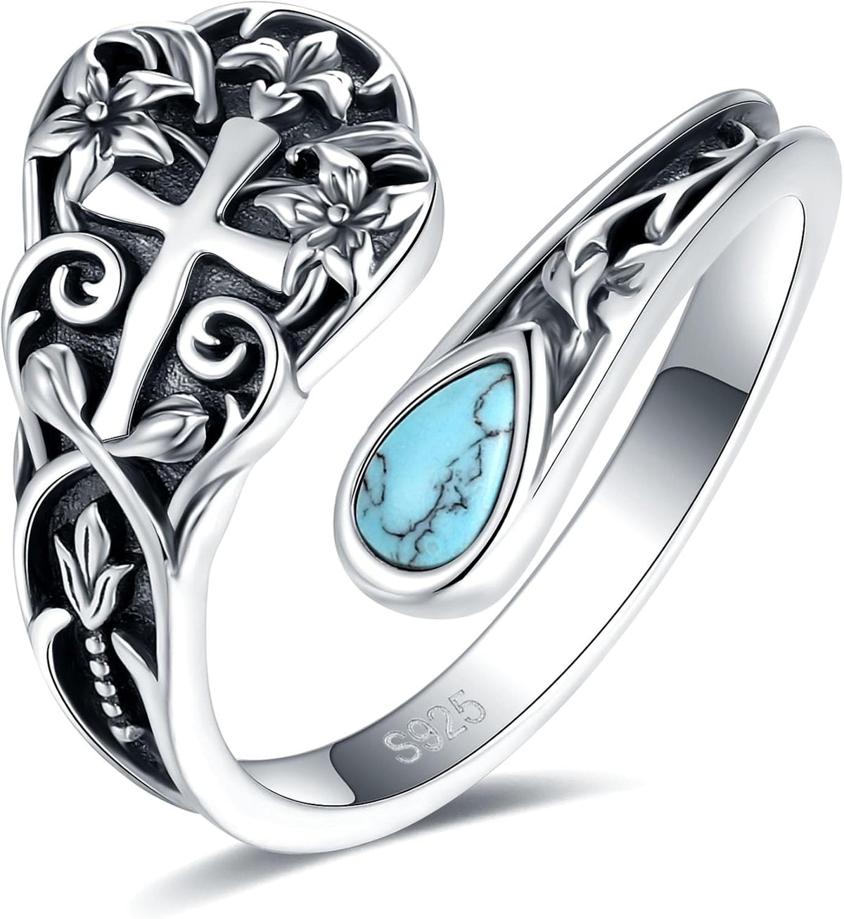 Women's Abalone and Turquoise Spoon Ring - Vintage Boho Wrap Band with Dragonfly and Sunflower Motifs for Everyday Wear 