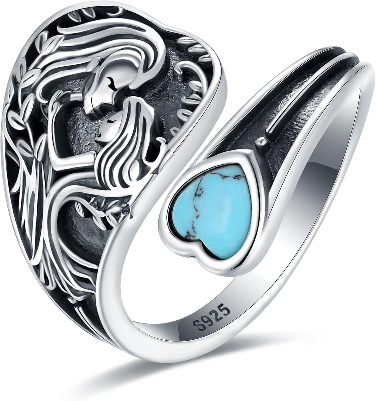 Women's Abalone and Turquoise Spoon Ring - Vintage Boho Wrap Band with Dragonfly and Sunflower Motifs for Everyday Wear