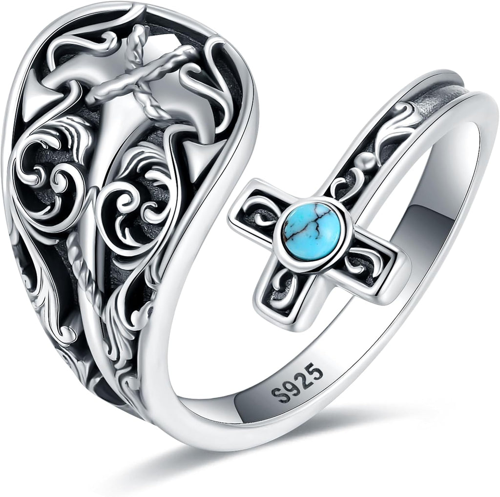 Women's Abalone and Turquoise Spoon Ring - Vintage Boho Wrap Band with Dragonfly and Sunflower Motifs for Everyday Wear 