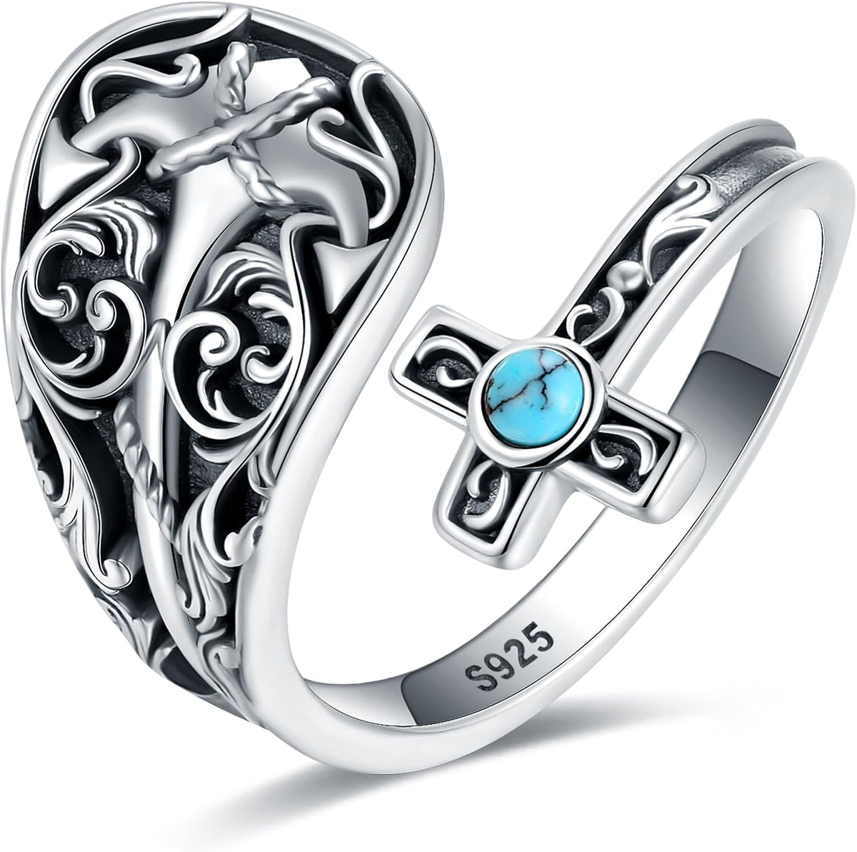 Women's Abalone and Turquoise Spoon Ring - Vintage Boho Wrap Band with Dragonfly and Sunflower Motifs for Everyday Wear 