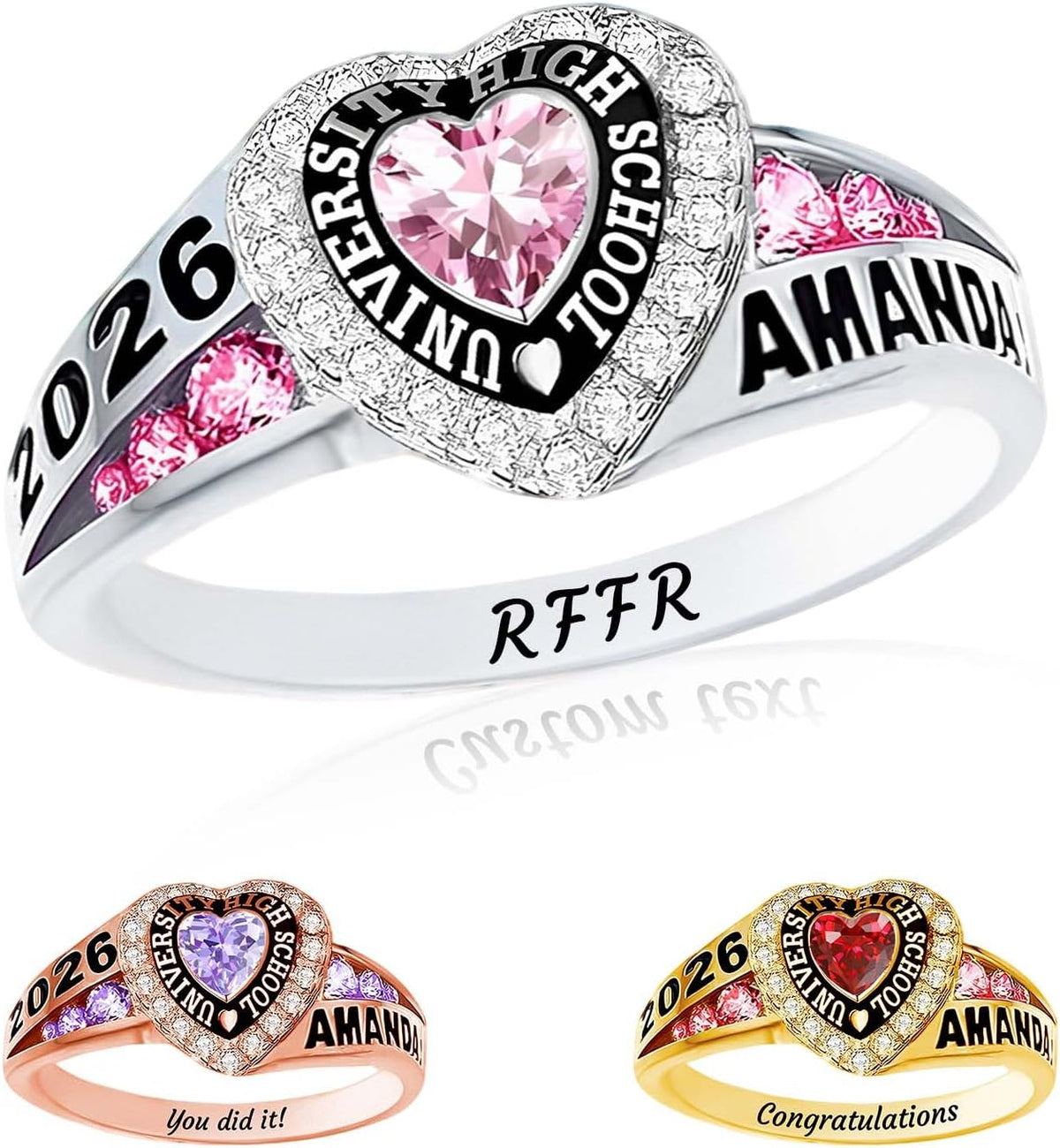 Custom Class Ring - Personalized Graduation Band with a Birthstone, Name and School Year for the Class of 2027 - Style 1