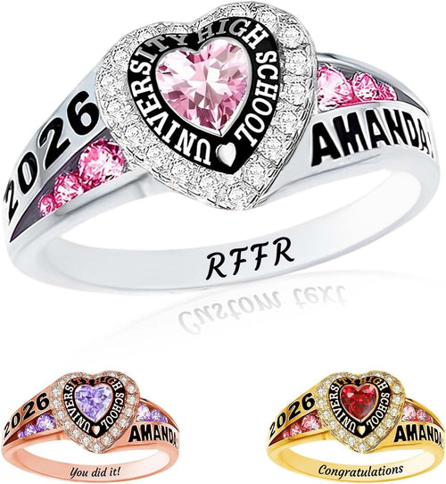 Custom Class Ring - Personalized Graduation Band with a Birthstone, Name and School Year for the Class of 2027 - Style 1
