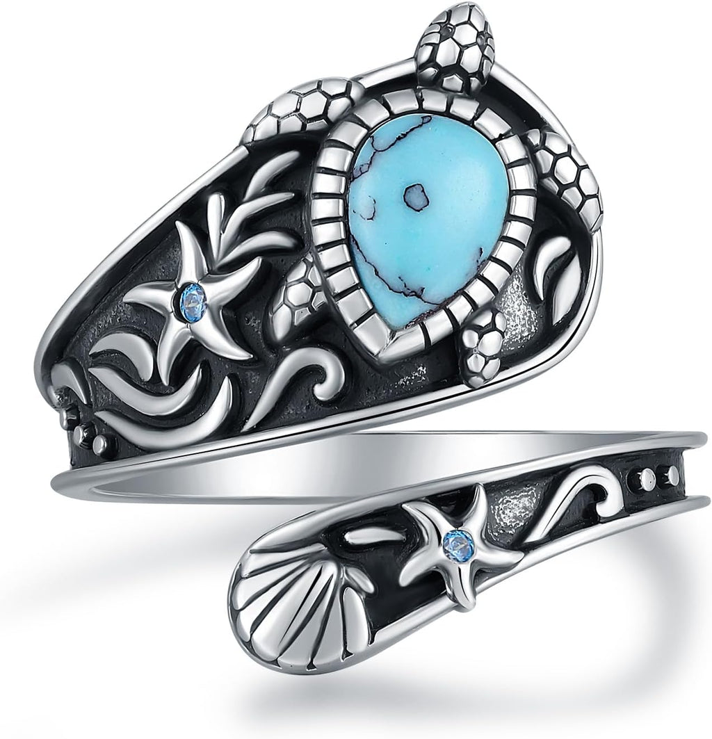 Women's Abalone and Turquoise Spoon Ring - Vintage Boho Wrap Band with Dragonfly and Sunflower Motifs for Everyday Wear 