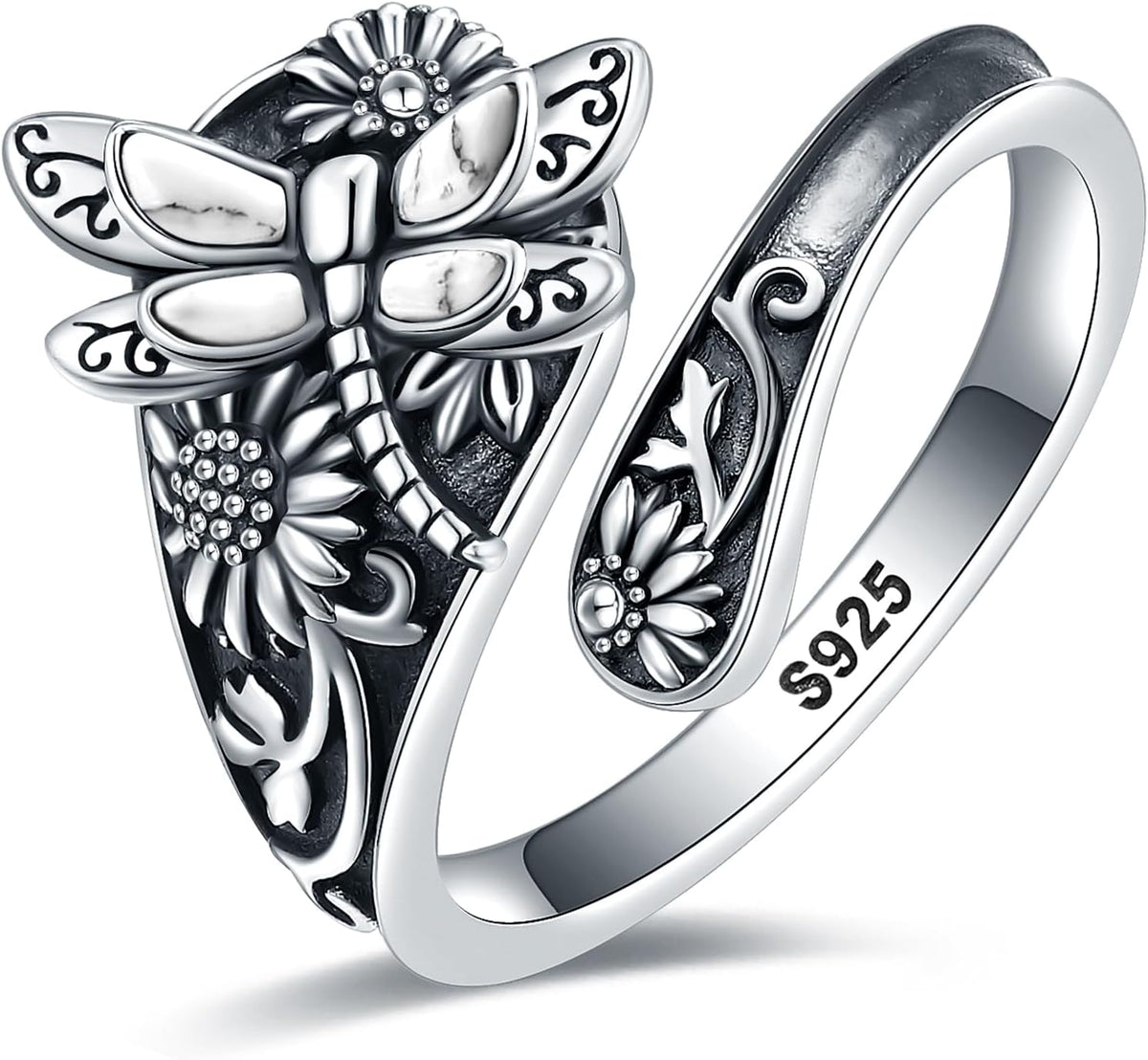 Women's Abalone and Turquoise Spoon Ring - Vintage Boho Wrap Band with Dragonfly and Sunflower Motifs for Everyday Wear 