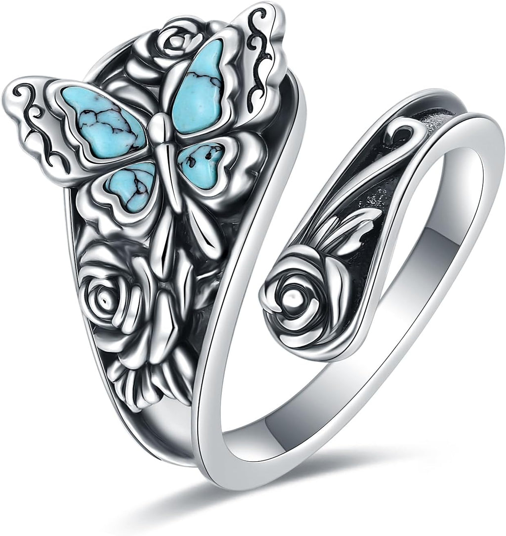 Women's Abalone and Turquoise Spoon Ring - Vintage Boho Wrap Band with Dragonfly and Sunflower Motifs for Everyday Wear 