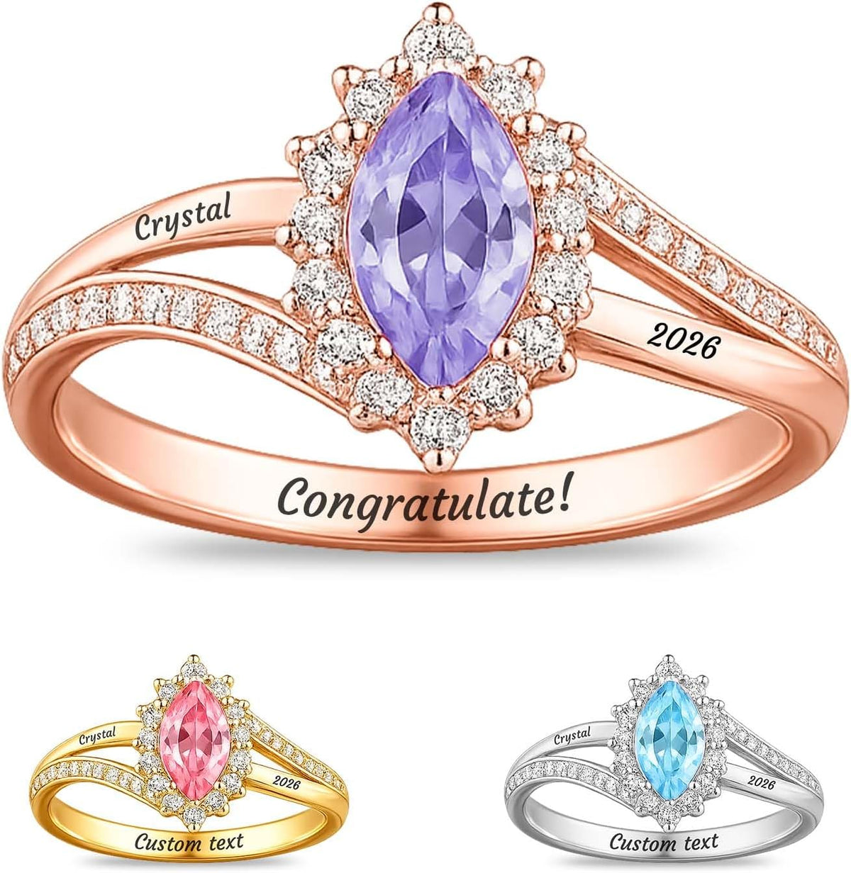 Custom Class Ring - Personalized Graduation Band with a Birthstone, Name and School Year for the Class of 2027