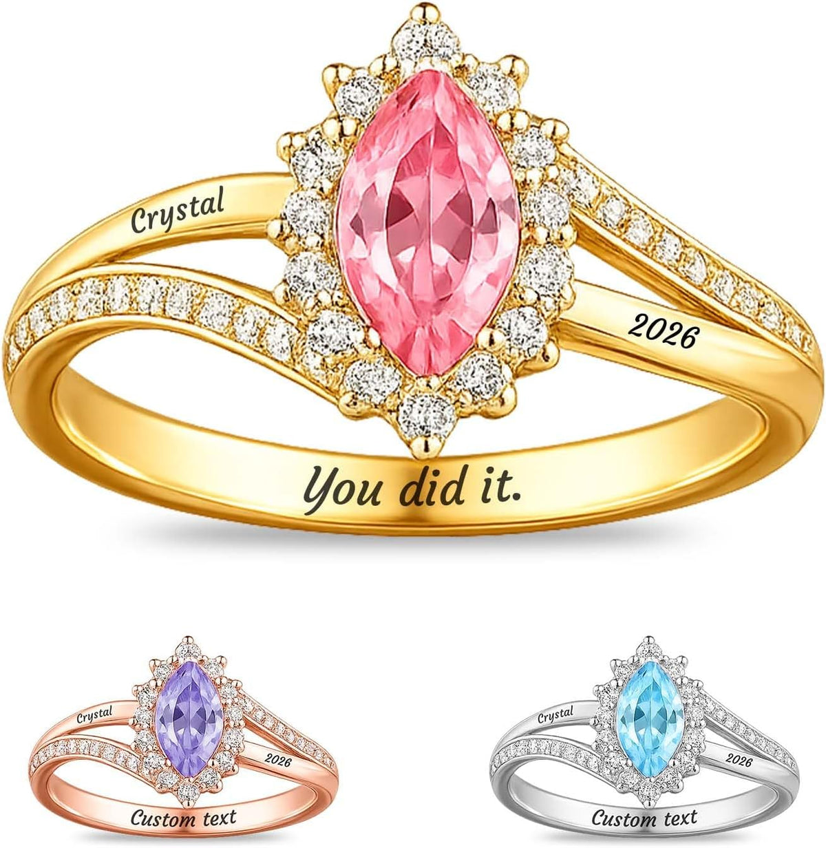 Custom Class Ring - Personalized Graduation Band with a Birthstone, Name and School Year for the Class of 2027 - Style 5