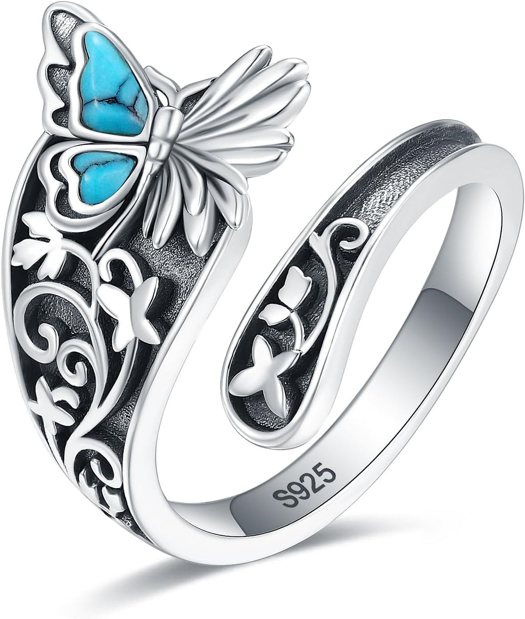 Women's Abalone and Turquoise Spoon Ring - Vintage Boho Wrap Band with Dragonfly and Sunflower Motifs for Everyday Wear 