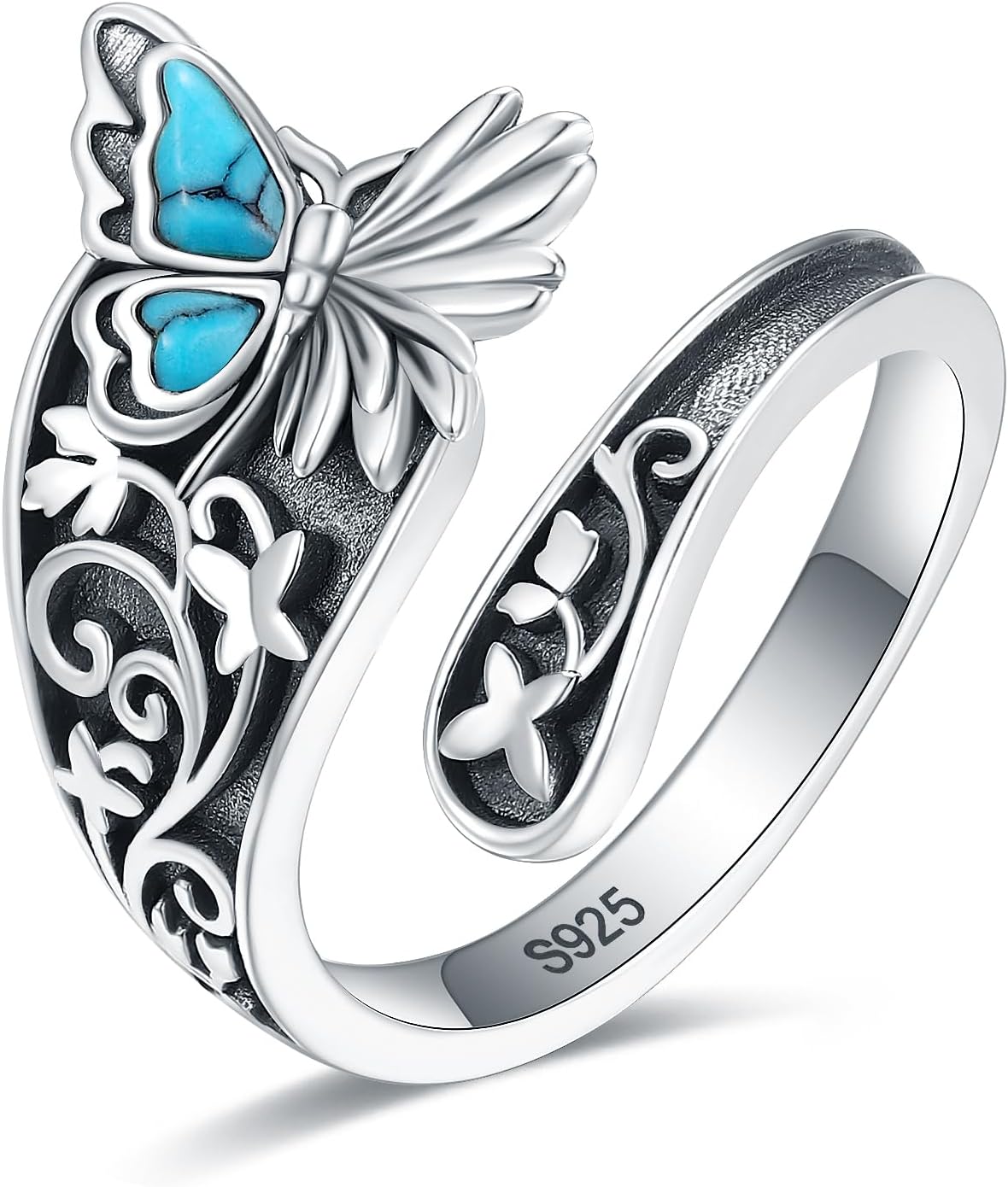 Women's Abalone and Turquoise Spoon Ring - Vintage Boho Wrap Band with Dragonfly and Sunflower Motifs for Everyday Wear 
