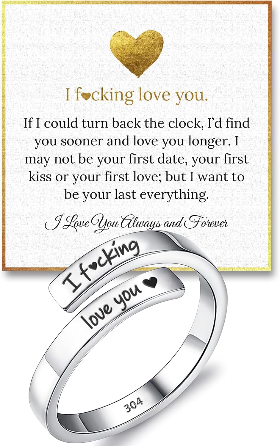 Women's Adjustable Stainless Steel Message Ring - Hand Stamped Love You Wording on a Wide Band for Anniversary Gifting -