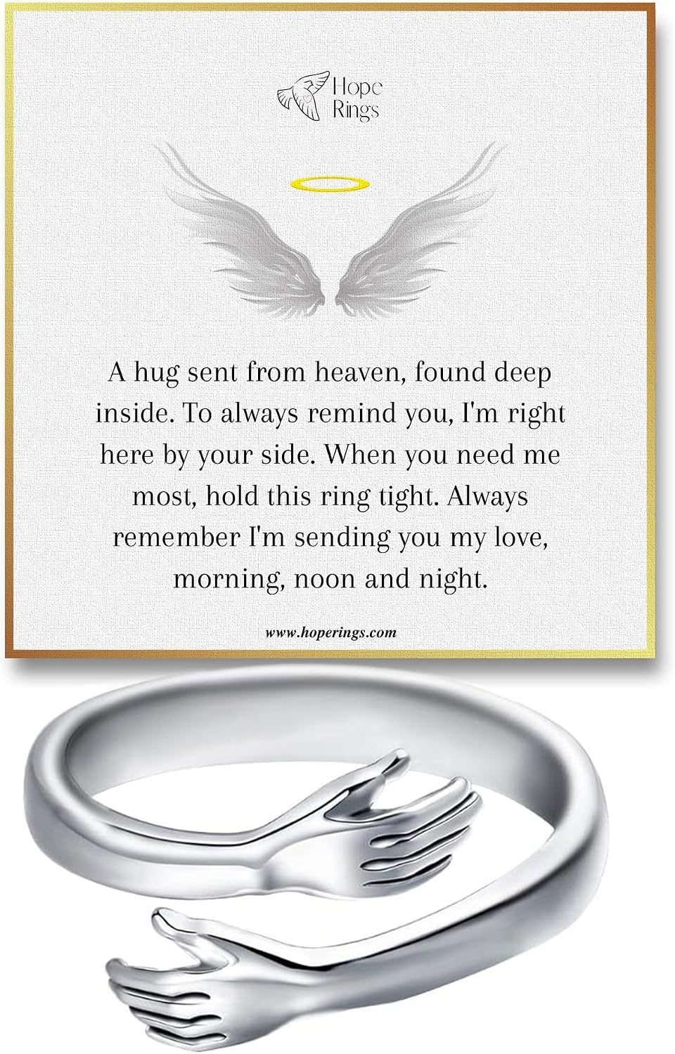 Hug From Heaven Ring - Handcrafted Stainless Steel Wrap Band with Hugging Hands, an Adjustable Keepsake for Men and Wome