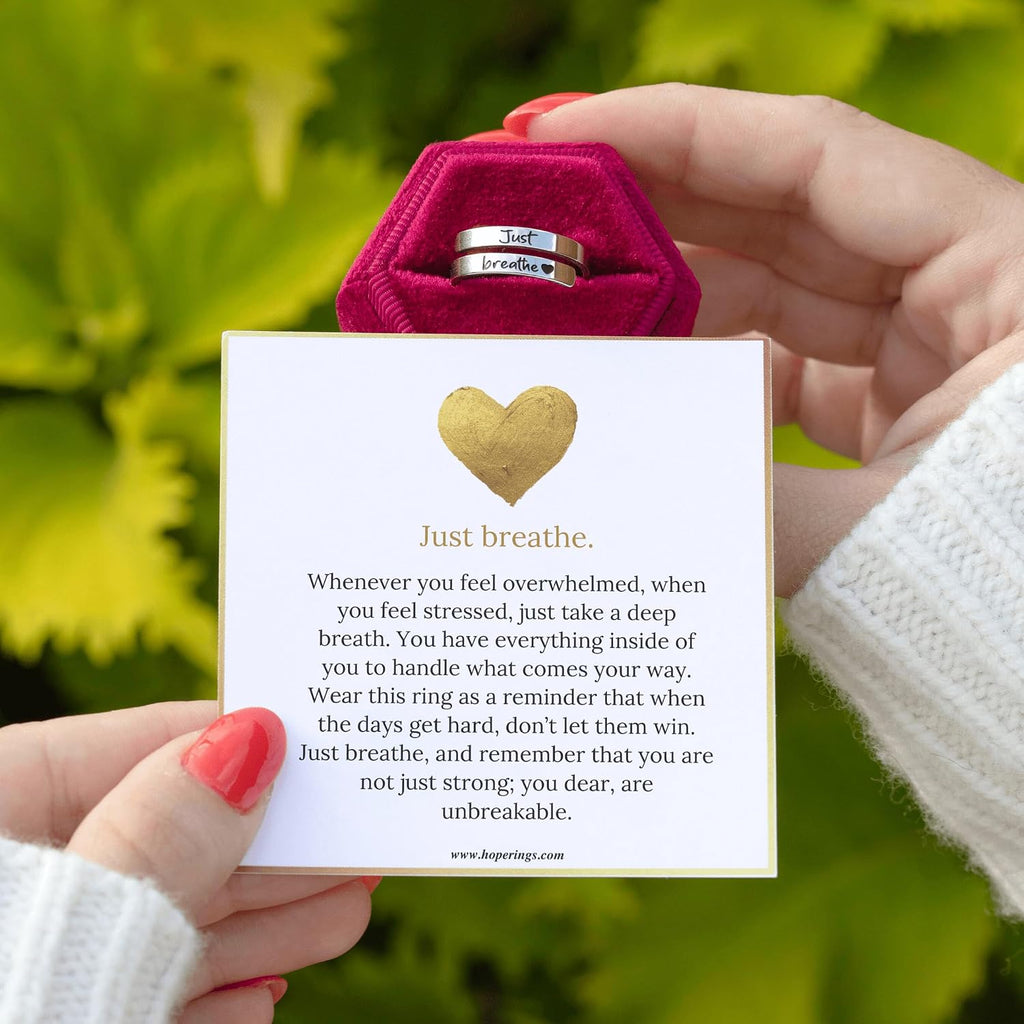 Women's Just Breathe Ring - 999 Pure Silver and Stainless Steel Adjustable Band for Grief, Comfort and Quiet Reminders -