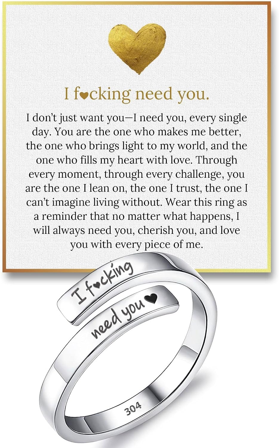 Women's Stainless Steel Message Ring - Adjustable Band Stamped with a Bold I Need You Line for Couples and Anniversaries