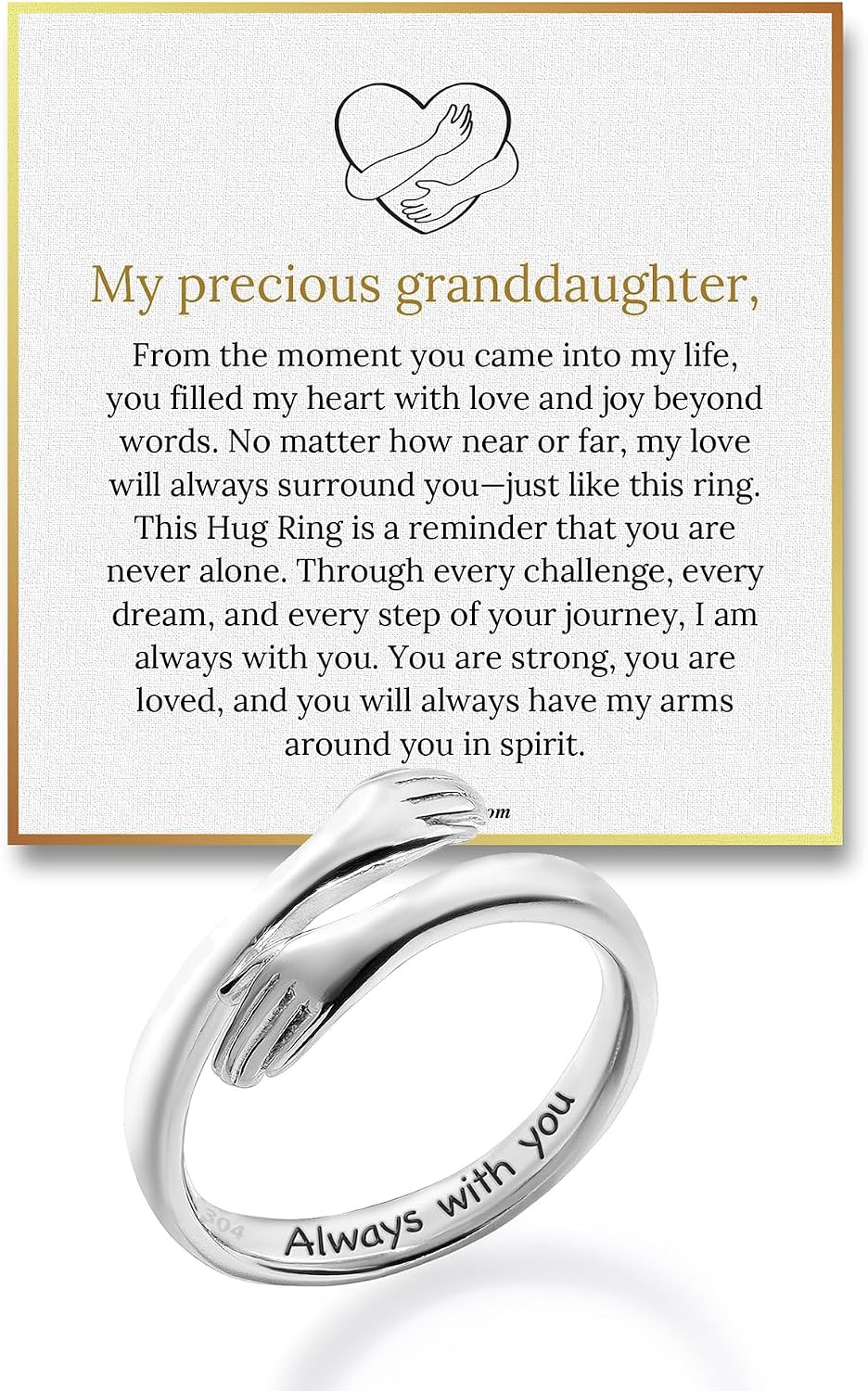 Granddaughter's Hug Ring - 999 Pure Silver and Stainless Steel Adjustable Band Engraved Always With You for Birthday Gif