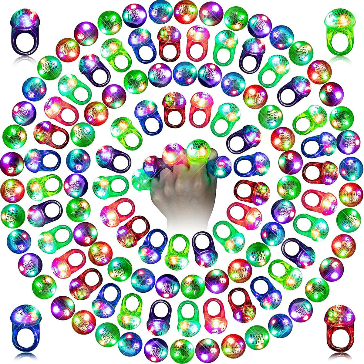 Light Up Party Rings - 100 Piece Glow in the Dark LED Finger Rings in Jelly Bumpy, Flower and Skeleton Styles for Carniv